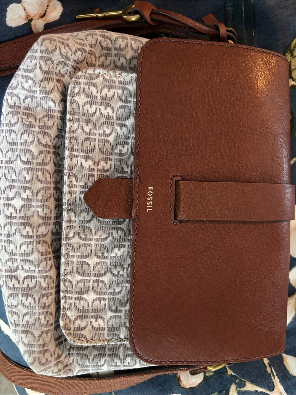 Fossil Brown & Cream Logo Crossbody Bag